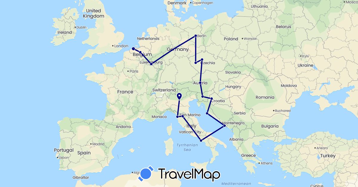 TravelMap itinerary: driving in Austria, Belgium, Czech Republic, Germany, Croatia, Italy, Luxembourg, Slovenia (Europe)