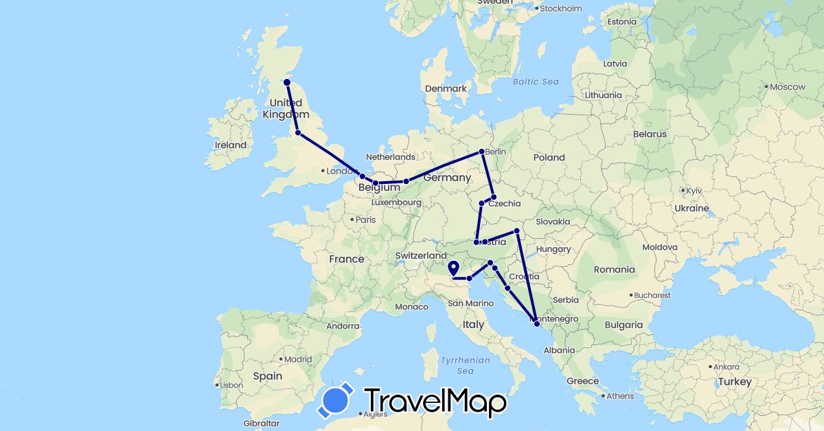 TravelMap itinerary: driving in Austria, Belgium, Czech Republic, Germany, United Kingdom, Croatia, Italy, Slovenia (Europe)