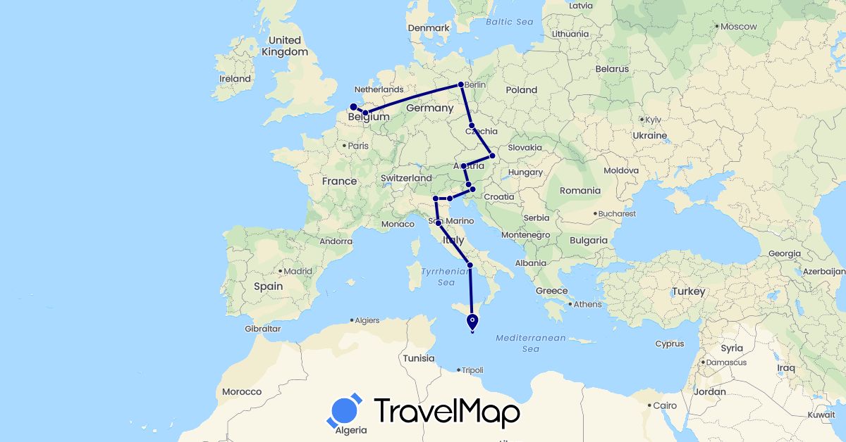TravelMap itinerary: driving in Austria, Belgium, Czech Republic, Germany, Italy, Malta, Slovenia (Europe)